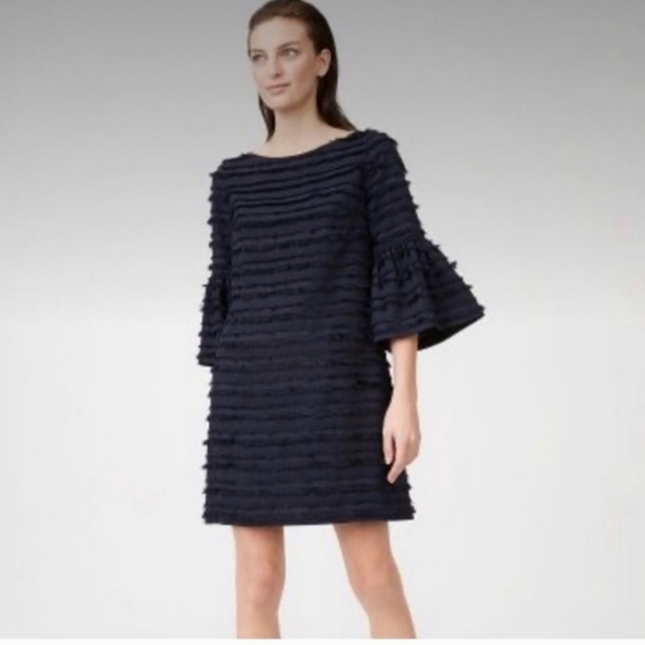 Club Monaco Alannah Dress Fringe Stripes Navy Blue 3/4 Bell Sleeves - Picture 2 of 11